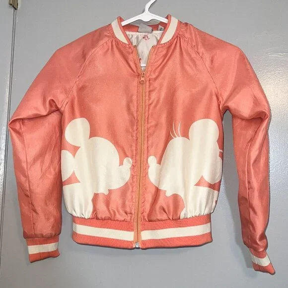 Disney Junk Food Kid's Mickey and Minnie Mouse Bomber Jacket Coral Size S - Picture 1 of 4